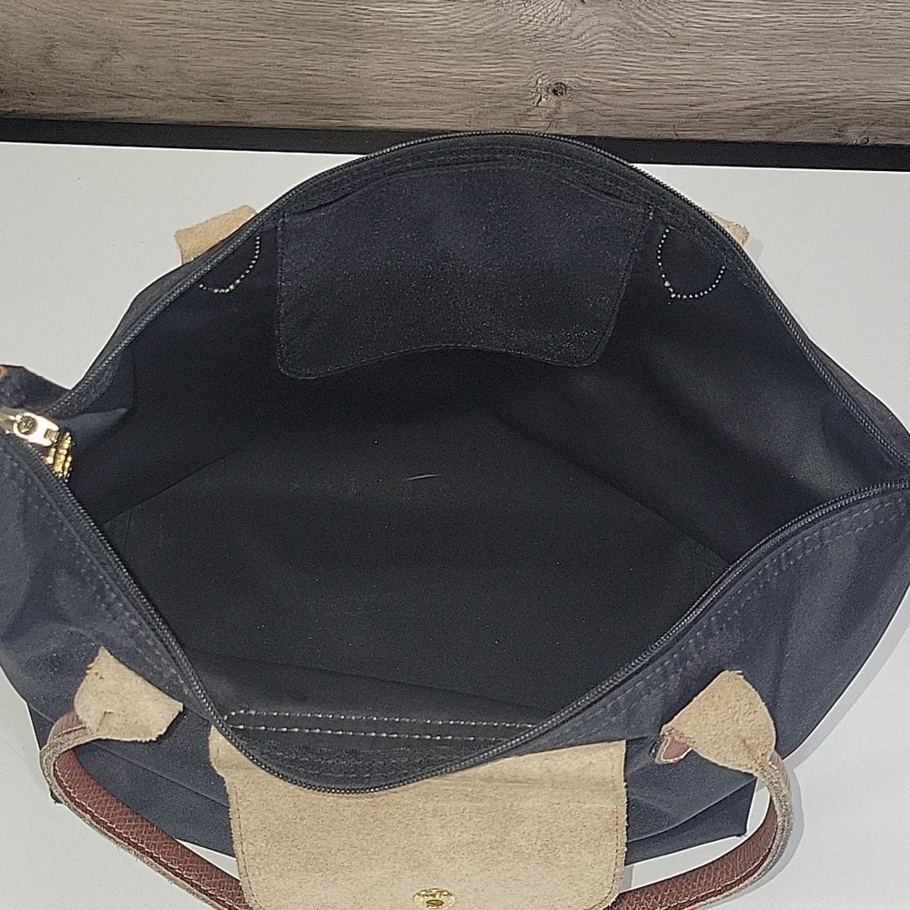 Longchamp Lepliage Black Tote Bag with Brown Leather Trim